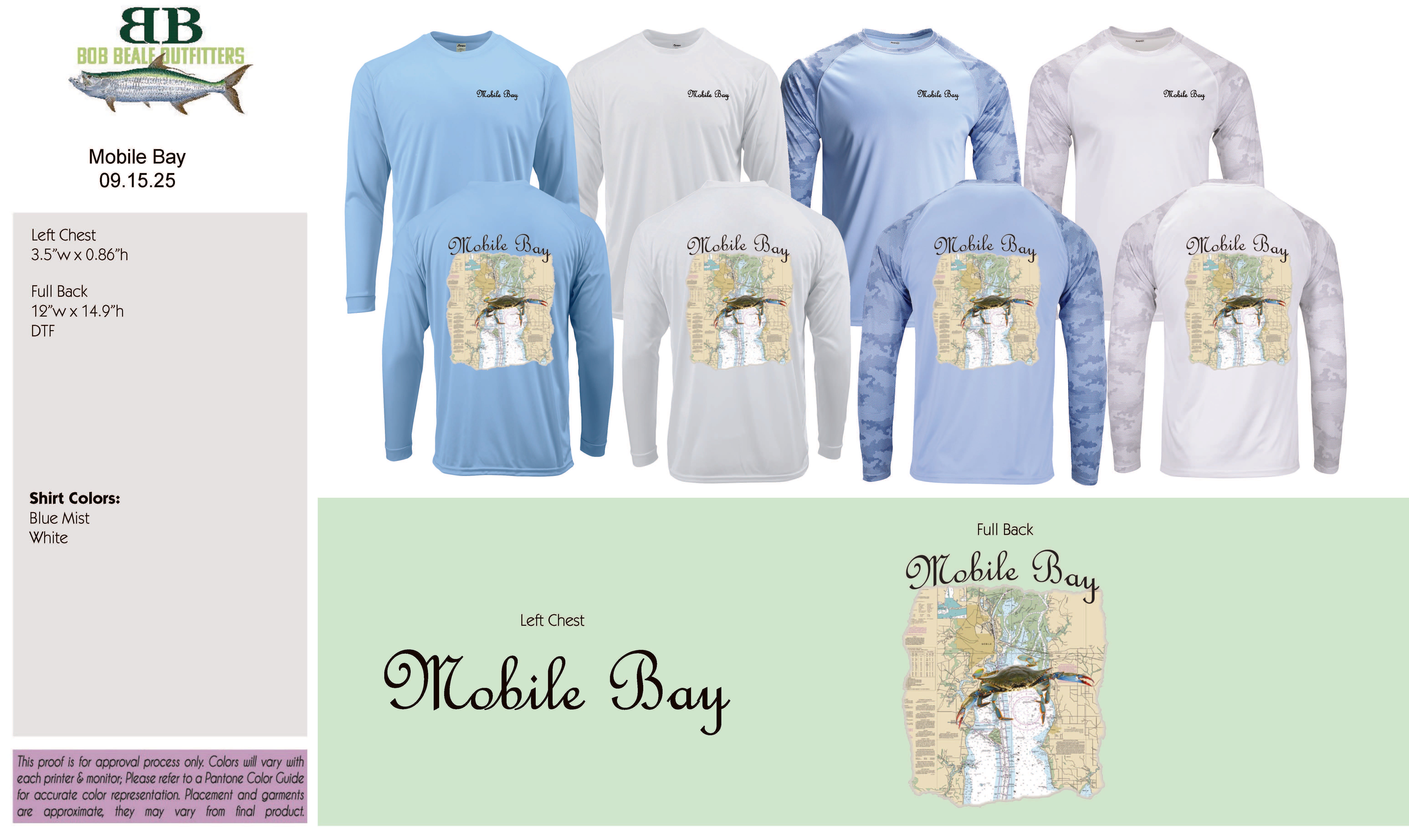 Collection of PERFORMANCE UV50+ long-sleeve shirts with 'Mobile Bay' design and branding.