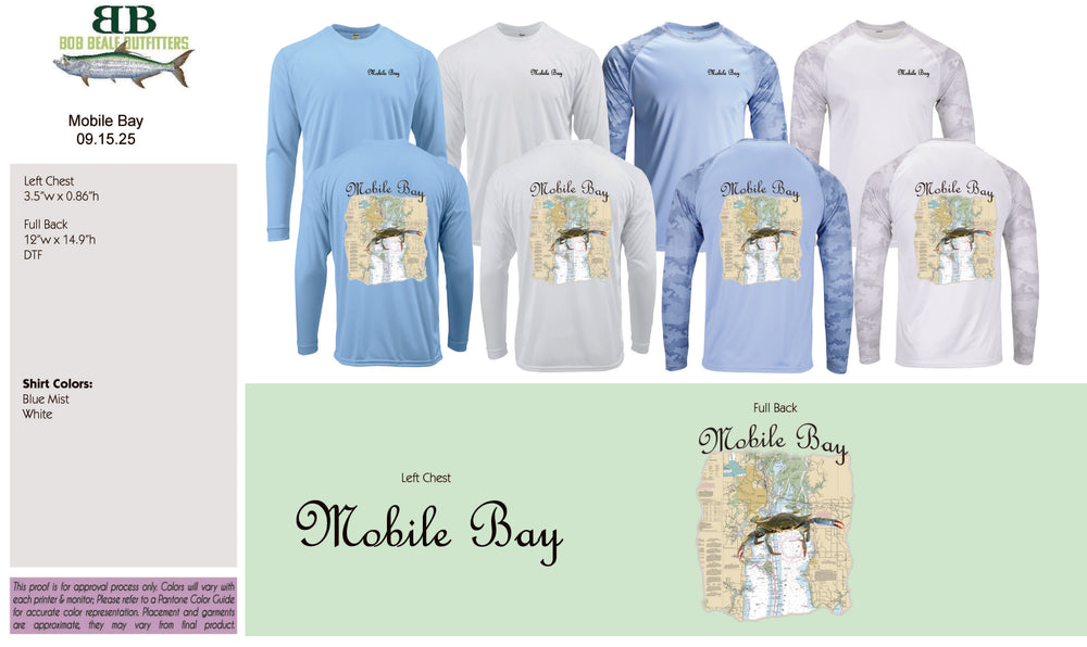 Collection of PERFORMANCE UV50+ long-sleeve shirts with 'Mobile Bay' design and branding.
