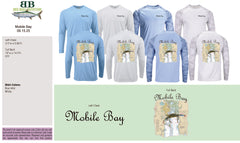 Collection of PERFORMANCE UV50+ long-sleeve shirts with 'Mobile Bay' design and branding.